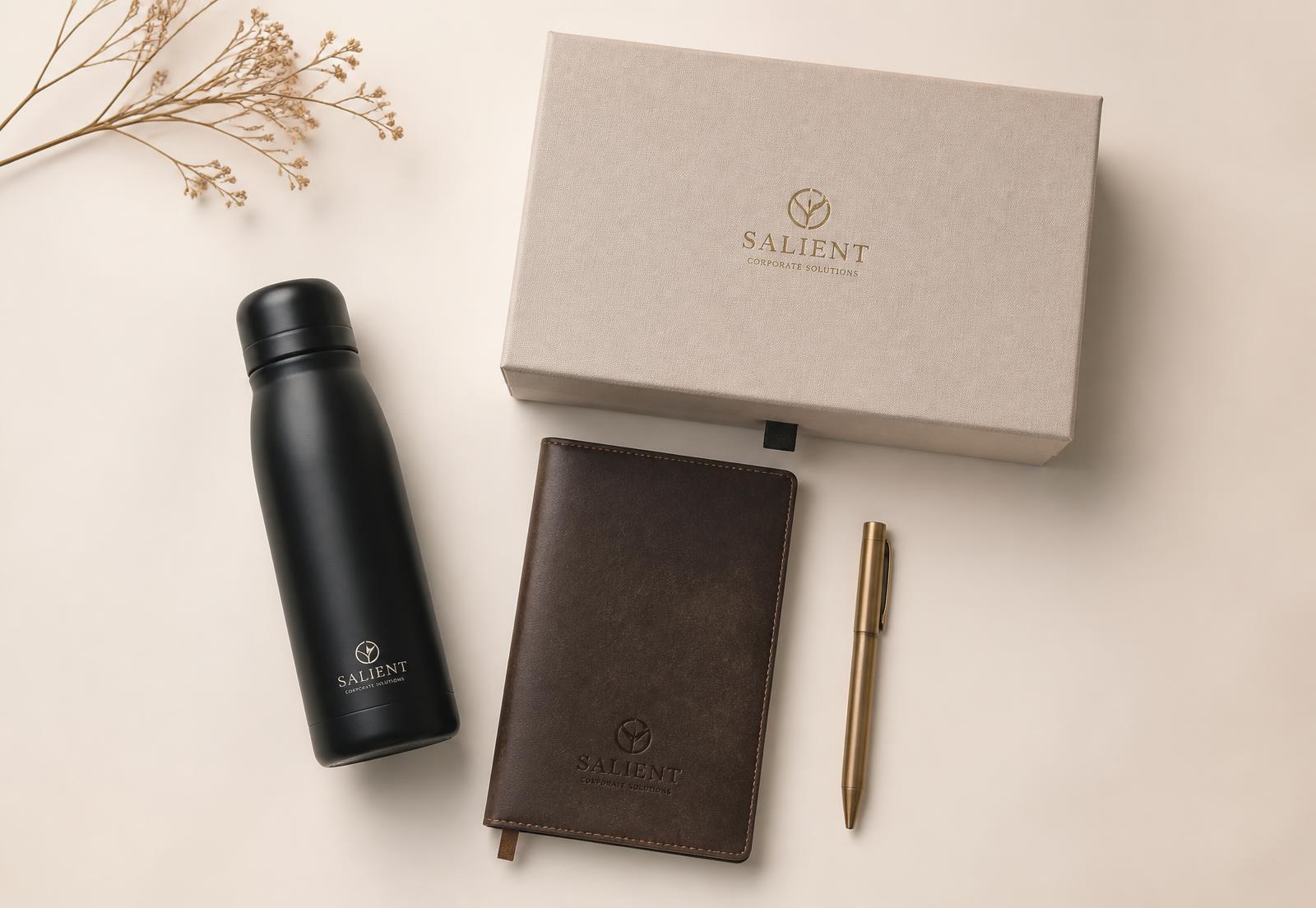 Premium corporate gift set with vacuum bottle, leather diary, brass pen and gift box